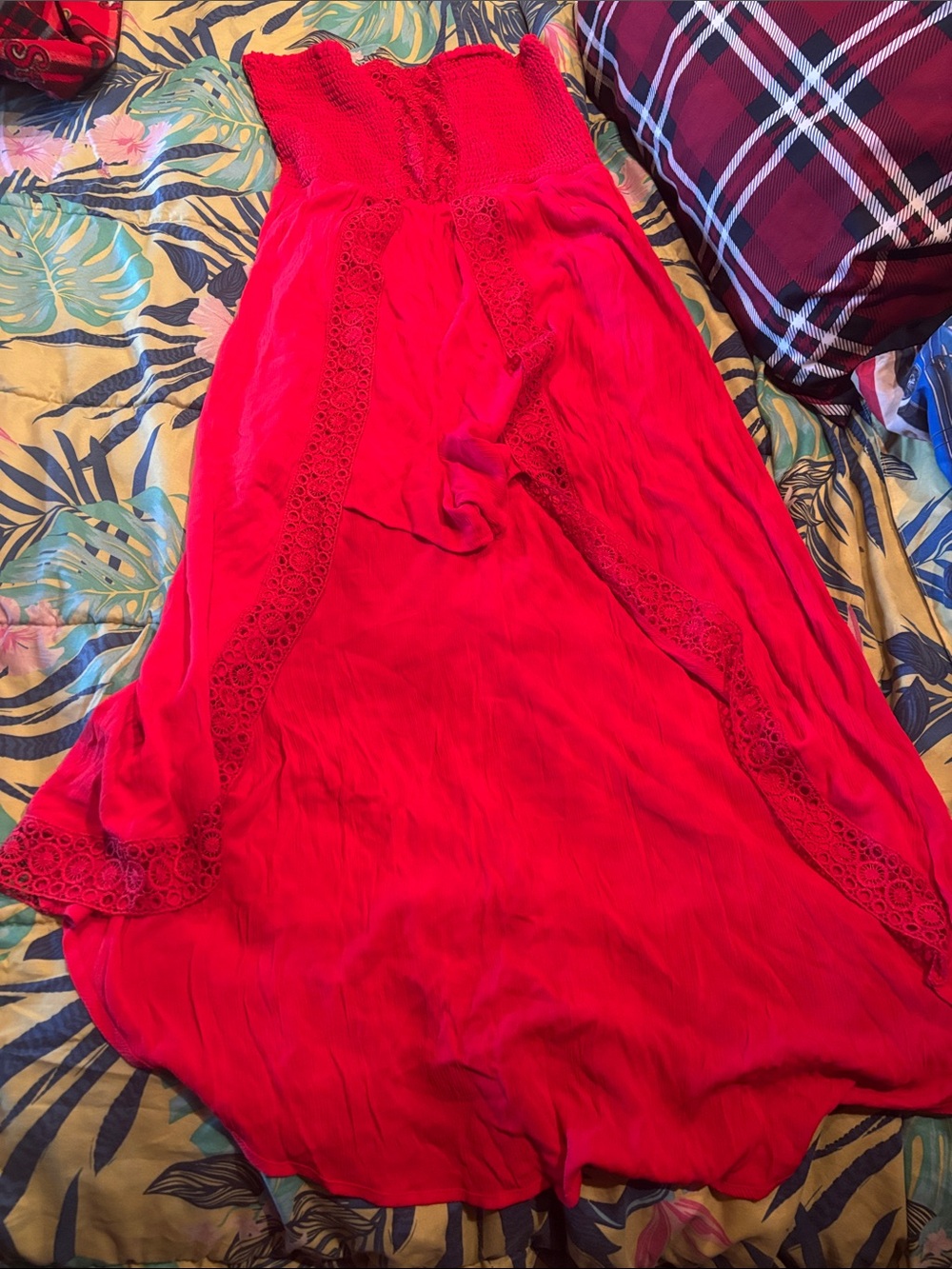 Strapless Bright Red Maxi Dress romper with Lace Trim